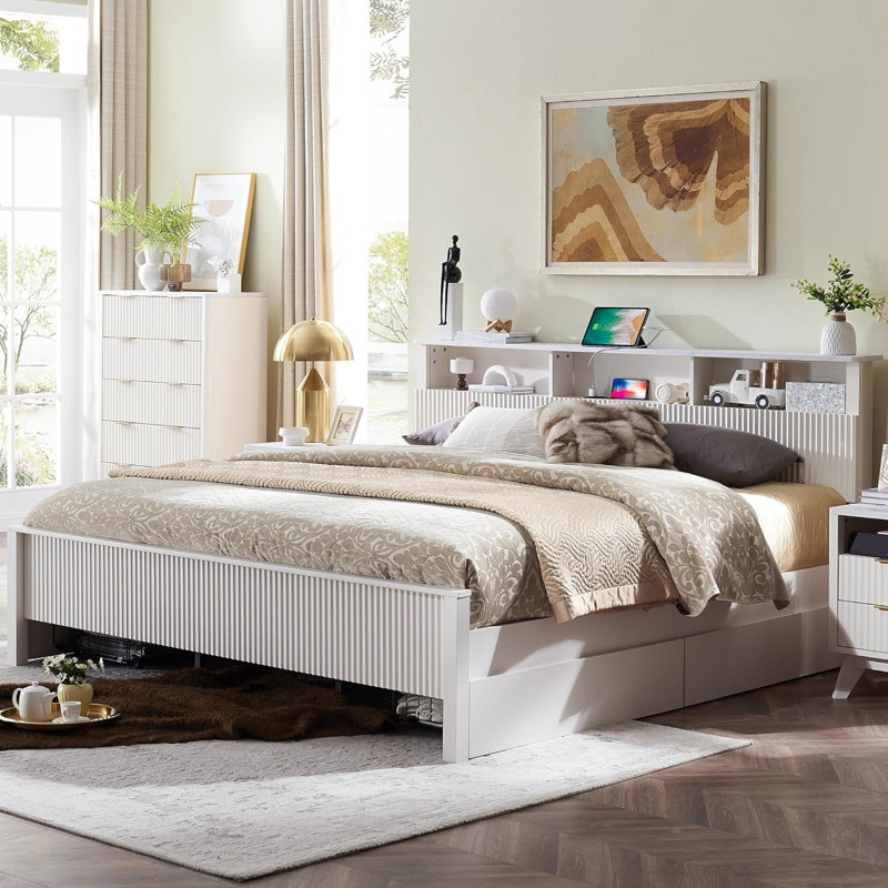 Red Barrel Studio Alteo Fluted Panel Bed Frame With Charging Station Storage Headboard Wood Bed Frame With 4 Drawers Reviews Wayfair